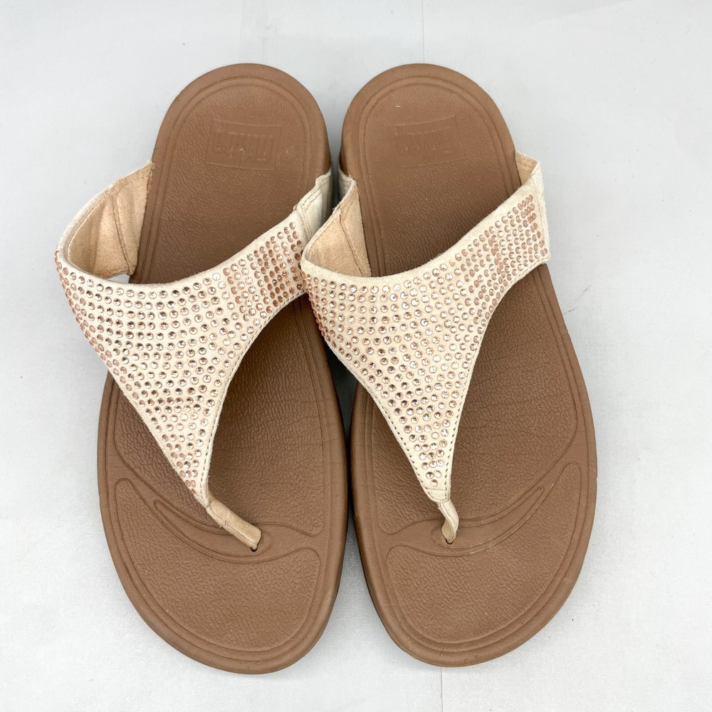 FitFlop Womens 8 Lulu Crystal Embellished Suede Sandals Beige Tan Thong Comfort - Picture 1 of 12